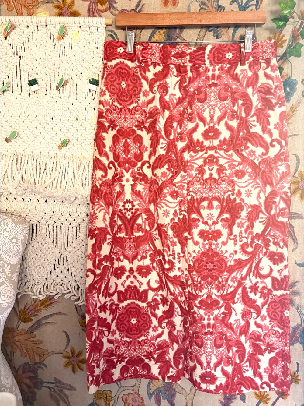 Sezane Red Damask Print Midi Skirt on Cream - Picture 1 of 4